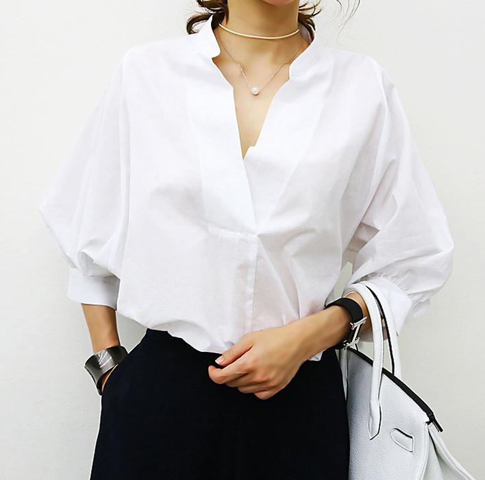 秋装上衣女韩版v领套头宽松衬衫女白色中长款泡泡袖衬衫