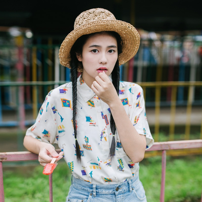 叙旧c1100/灵溪/人棉印花衬衫翻领短袖衬衣女上衣夏文艺清新2015
