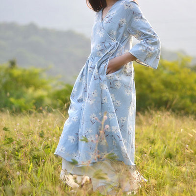 原创自制粉蓝印花复古v领系带风衣 日式花色森林系百搭开衫和服