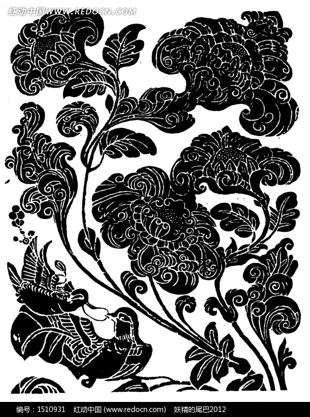 卷曲纹鸟纹枝叶花朵纹构成的黑白矢量图图片