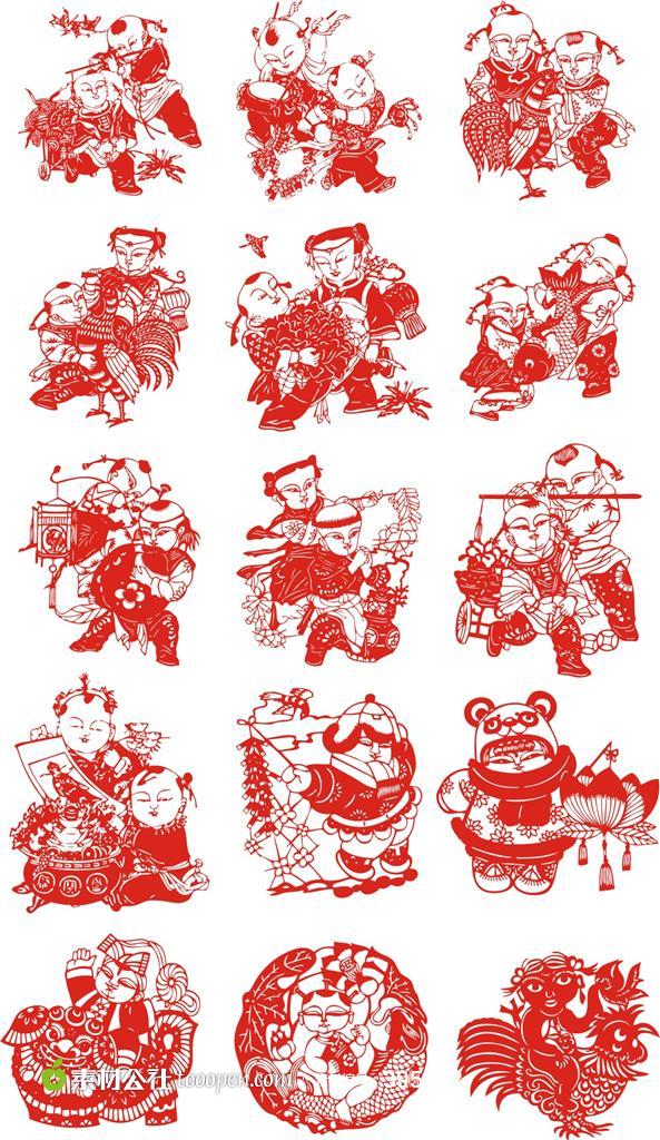 中国传统民间剪纸艺术孩童剪纸矢量素材