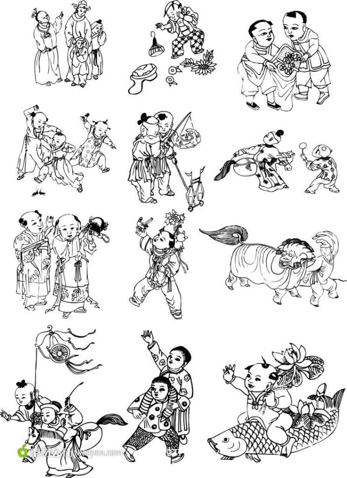 中国传统吉祥图案童子矢量素材