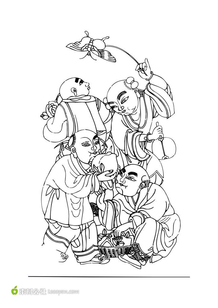 中国传统图案孩童蟠桃矢量素材