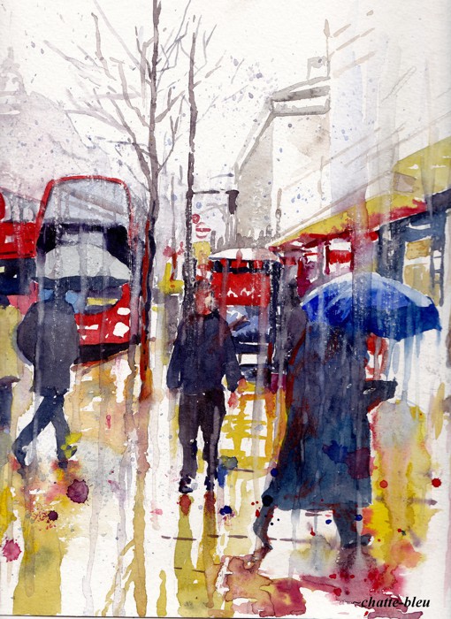 插画师chatte bleu的唯美城市街景水彩画绘画