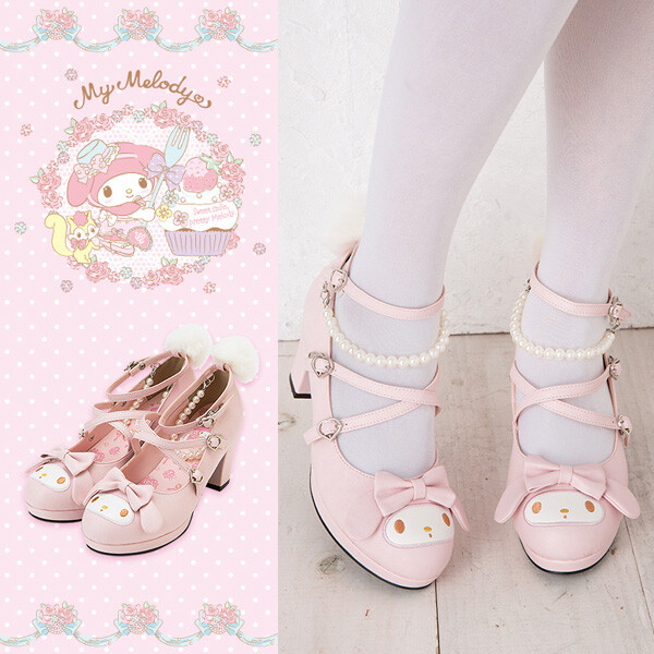 外贸my melody randa lolita软妹高跟兔子鞋珍珠蝴蝶结绑带鞋单鞋