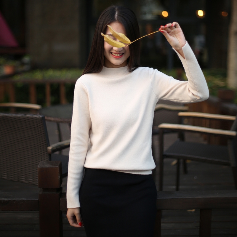 冬米白色纯色内搭立中领宽松打底衫衣套头半高领针织衫线衣毛衣女