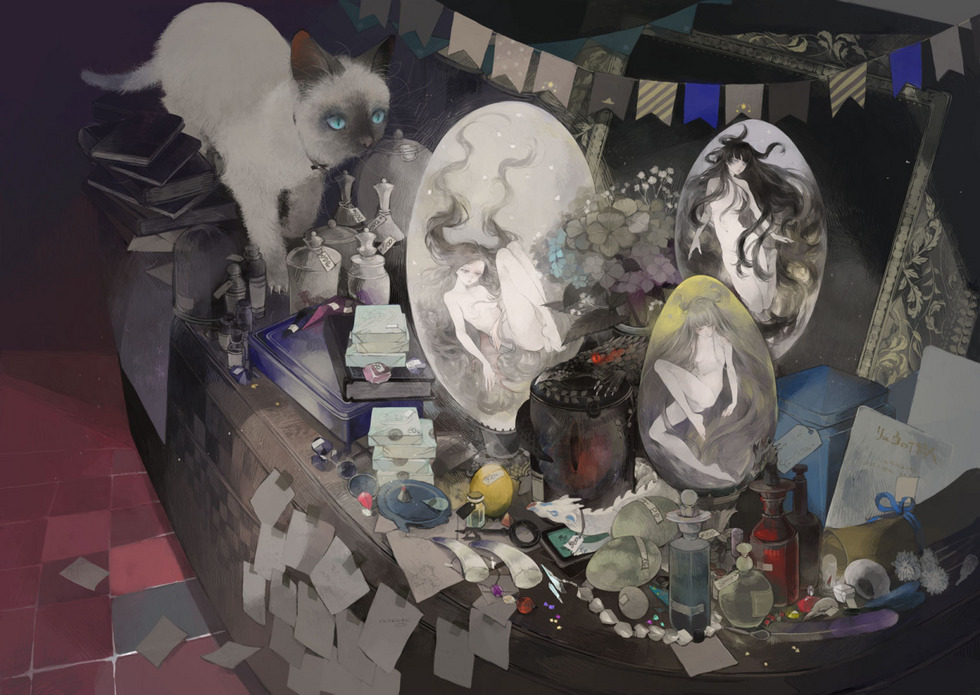 日本画师ねこ助,惯用偏灰的色调和较低的明度,再用高纯度来突出主题.