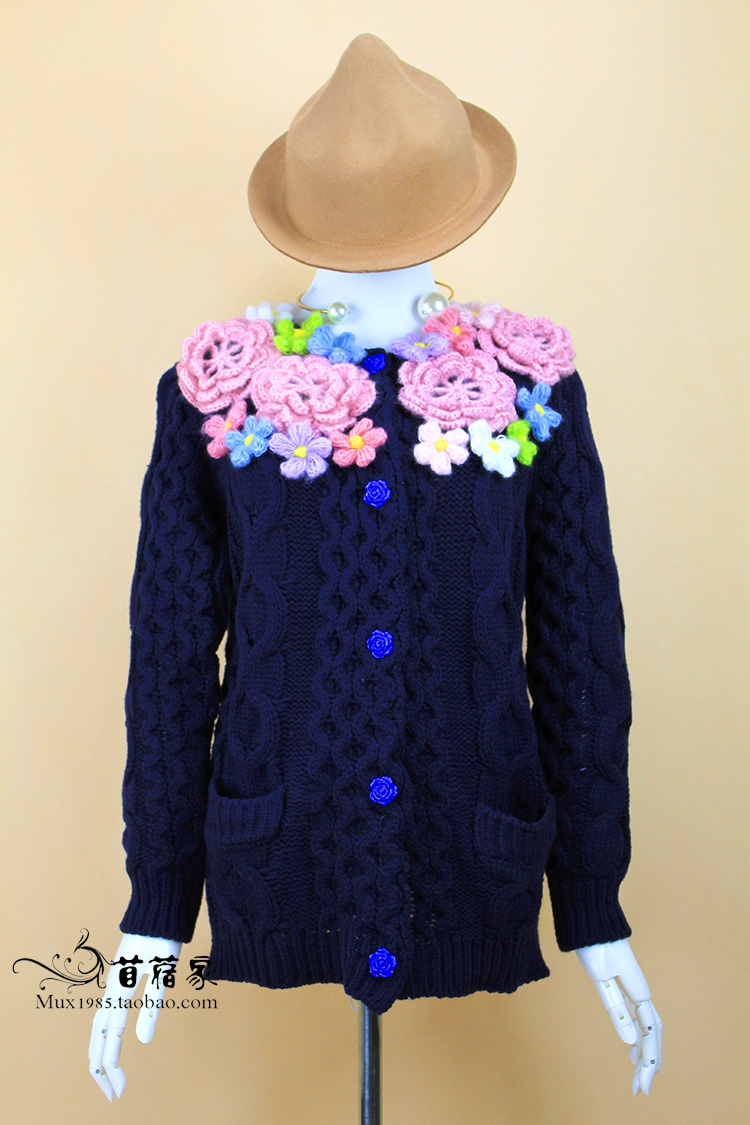 定制 秋冬女款百搭毛衫粗针麻花口袋甜美立体钩花针织衫厚毛衣开衫