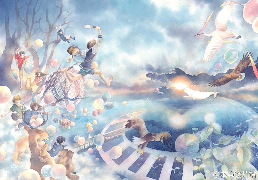 画作常以虚无缥缈的生命为主题,画风浪漫清淡