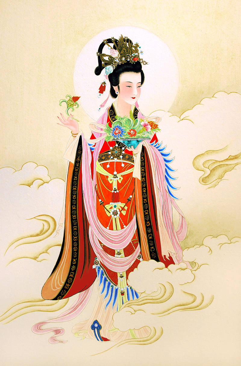 天女撒花 绝对的按照古典技法绘画的,非常的严谨,也许很多人不一定