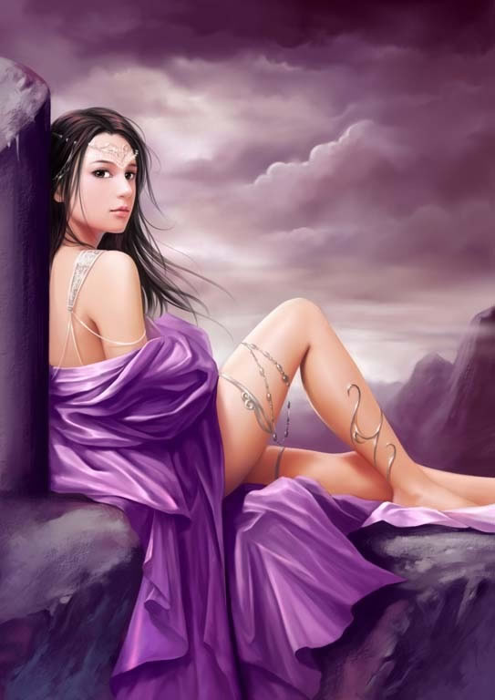 坐在岩石上的紫衣美女,游戏美女手绘技片