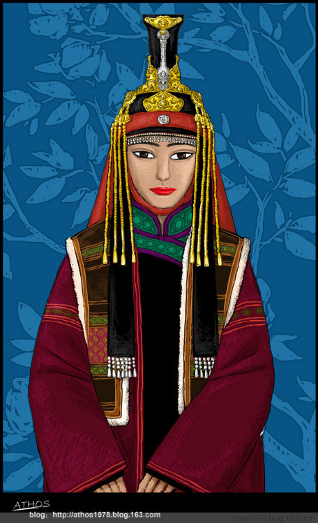 戴姑姑冠的蒙古女孩