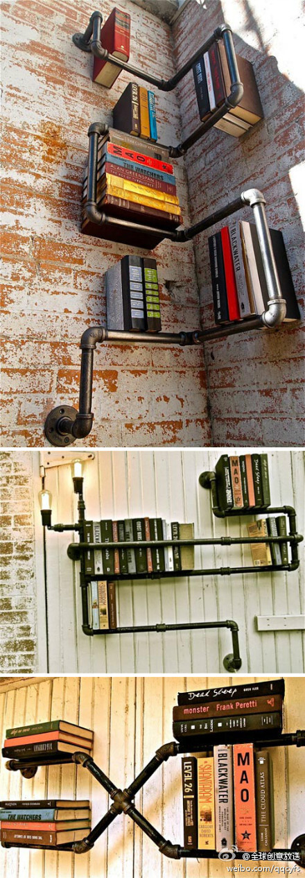 很多地方用了两根水管进行拼接,这样书架上不管放什么尺寸的书都不