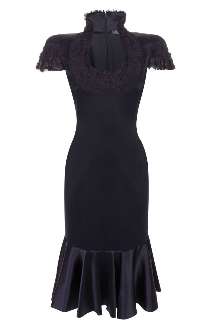 chiffon cap sleeve silk satin pencil dress