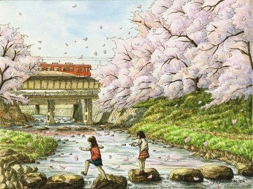 抒情铁路景观,慢行列车之旅,沿途不经意的风景,樱花飞舞的无人车站