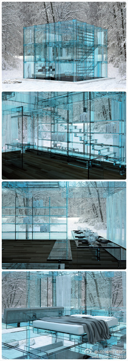 santambrogio 他们设计的两个蓝色玻璃房子就像梦境一样出现在环境中