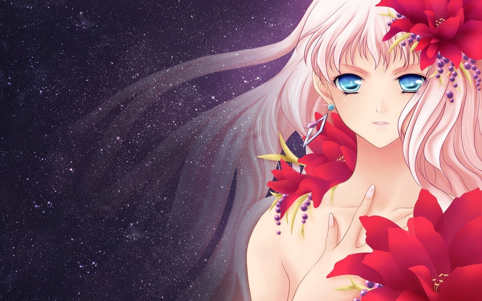 动漫女孩与红色鲜花 壁纸 - 1680x1050
