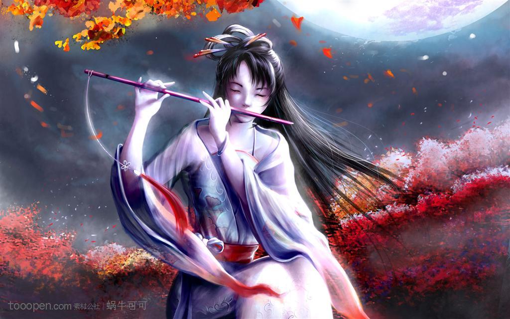 卡通美女-吹着矢量的笛子线条手绘动漫美女图片