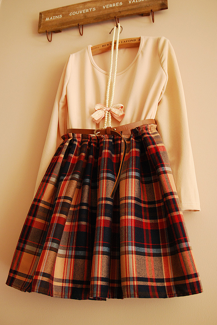春秋长袖连衣裙苏格兰格子裙娃娃裙日系vivi公主裙打底裙假两件裙