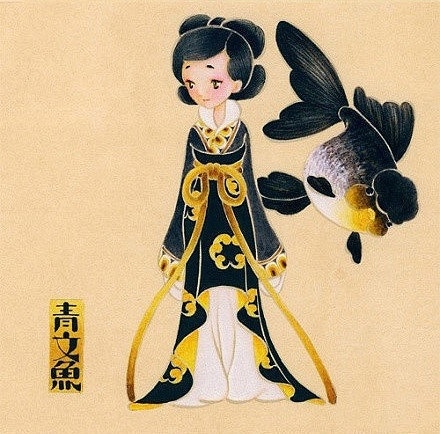 彼岸花.金鱼拟人,可爱,插画.
