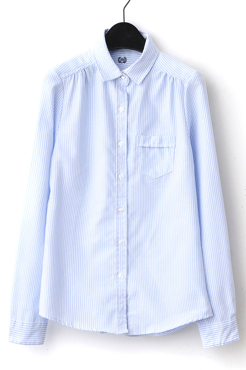 新年款韩版翻领竖条纹单口袋棉质修身百搭衬衣衬衫女