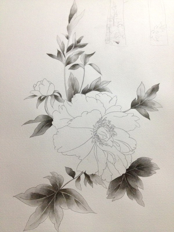 牡丹墨叶.用水彩材料画工笔图片