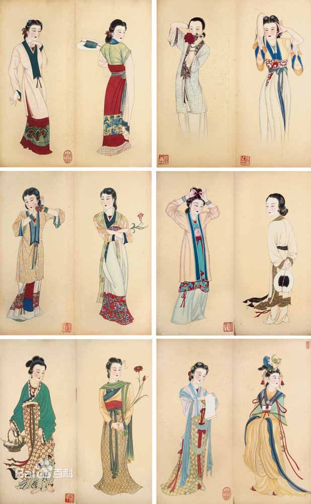 色彩浓艳而略带装饰性的画法,如晚唐周的簪花仕女图即为典型的作品画