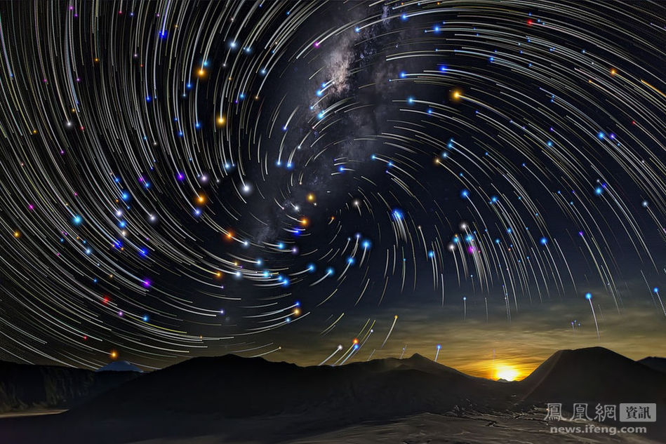 拍摄手法是通过长时间曝光以抓取夜空中恒星运动的轨迹