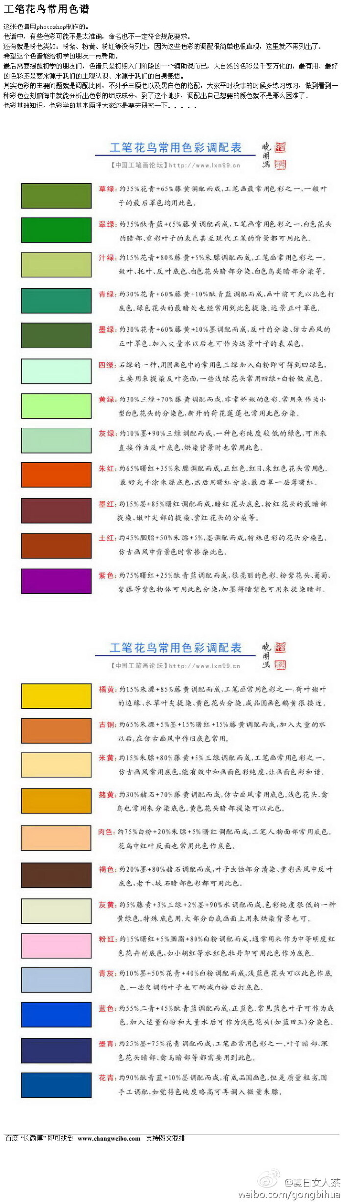 工笔花鸟常用色彩调配表