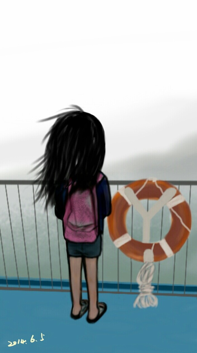 原创 手绘 q版 自画像 背影 船上 海景