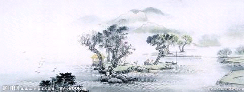 国画61山水画 淡雅的青色,远处的群山,天空缭绕的轻云