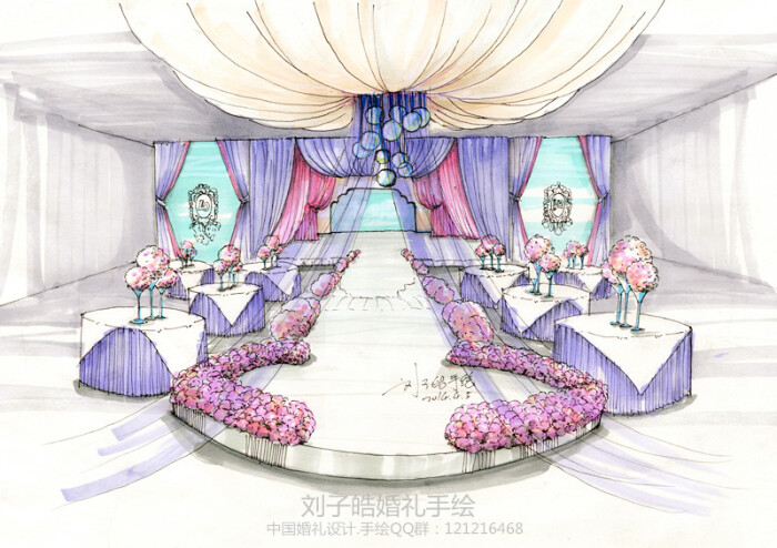 给青岛海诺婚礼设计的一个大面面包顶造型的一个婚礼宴会舞美方案图片