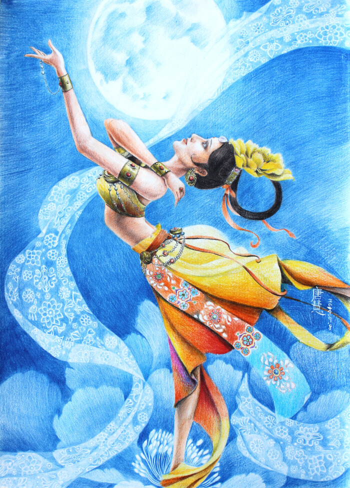 月舞翩然,又是花好月圆时,谨以此画向大家恭祝中秋快乐,合家团圆.