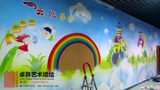 这是一幅幼儿园手绘墙壁画 墙体彩绘 记不清楚在那画的手绘墙了 做