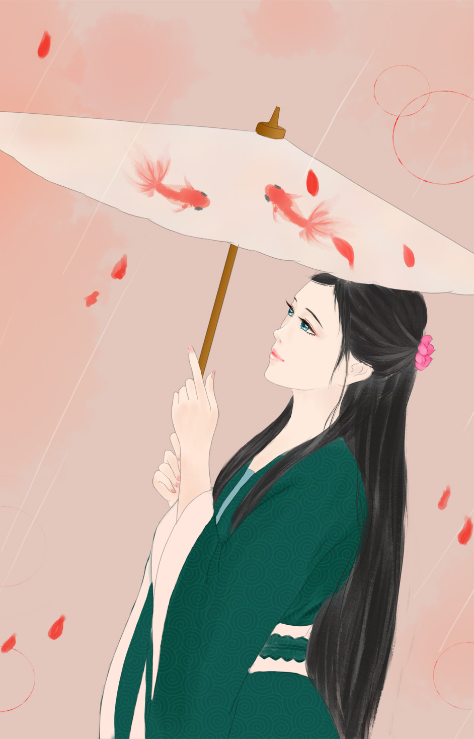 原创手绘插画 油纸伞汉服女子