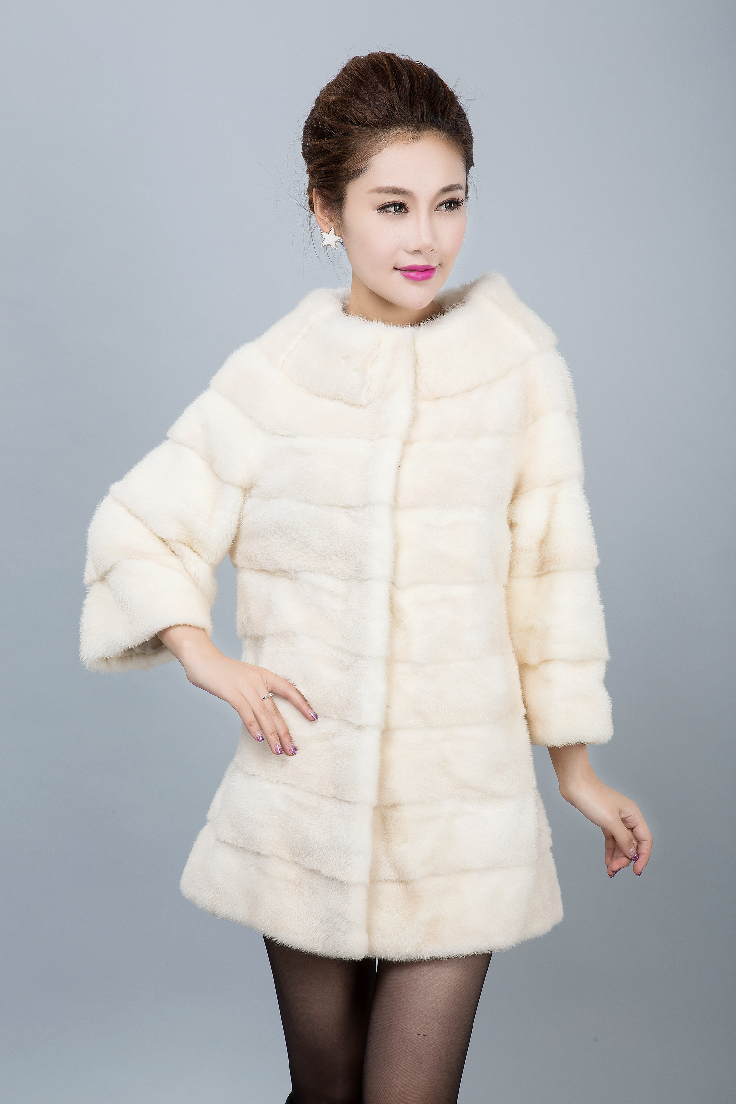 ineous 貂皮大衣女款进口整貂 水貂皮草 中长款白色款裘皮外套