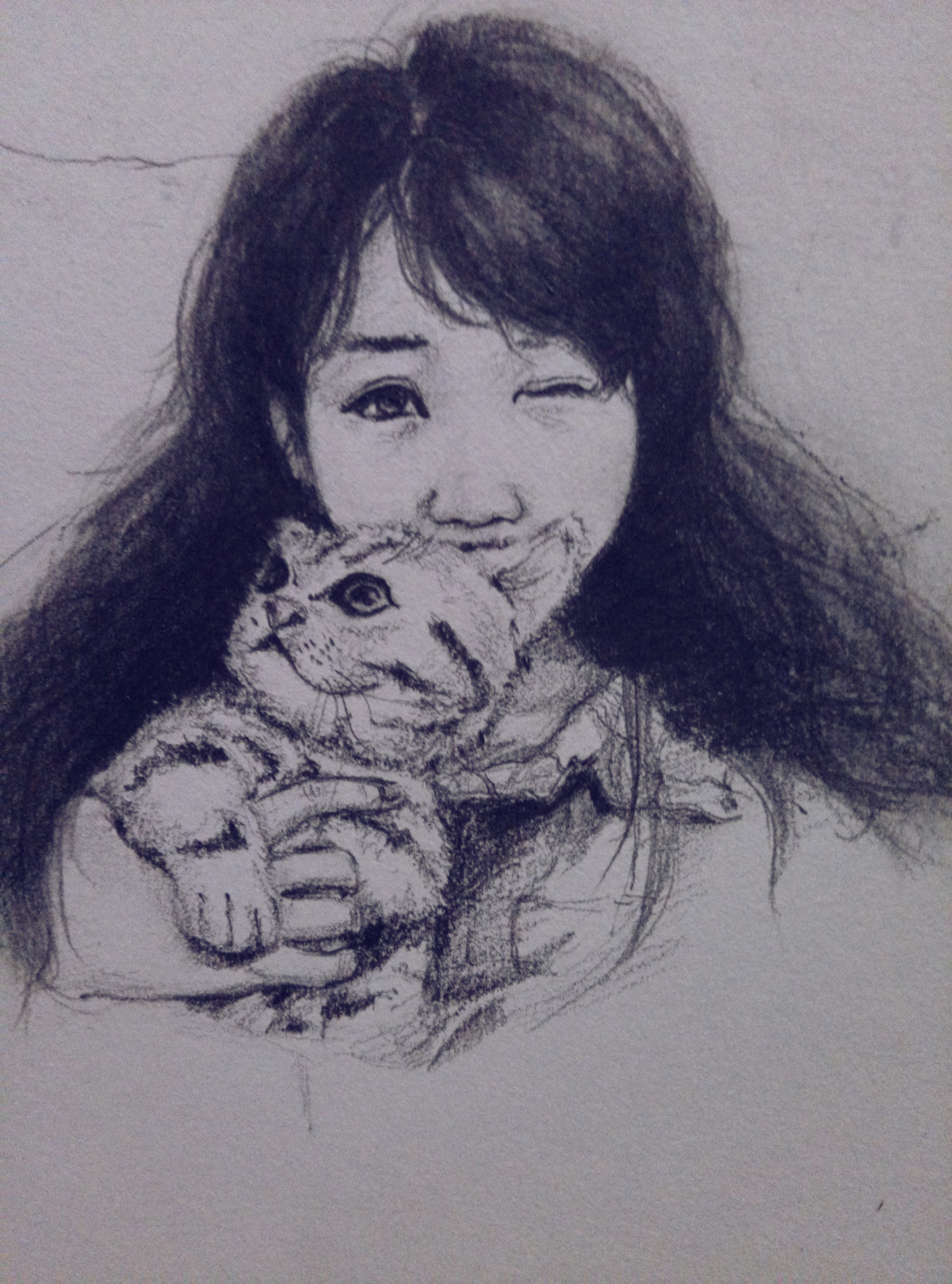 素描画猫咪女孩儿图片