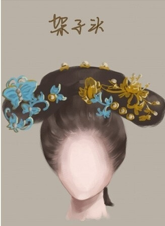 梳妆时先将头发梳成两个横长髻,即将整个头发平分为左,右各～把,形似