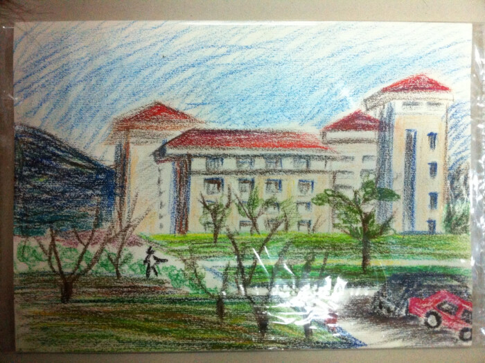  母校速写>.蜡笔画.风景画