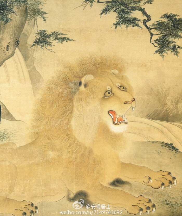 明 佚名 狻猊图,绢本设色,纵211.9厘米,横178.