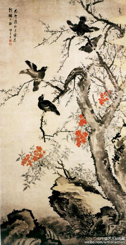 清宫画家#【 清 余省 《花鸟图》 】立轴,纸本设色,168.5×88.