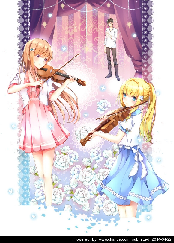 两个拉小提琴的少女 与 少年 金发少女 白玫瑰