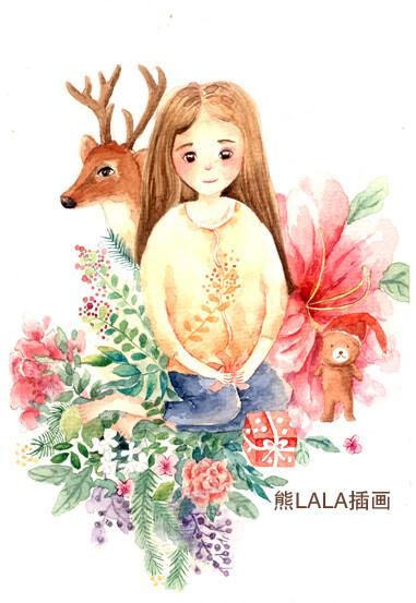 女孩 麋鹿 花 圣诞