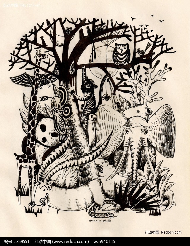 插画 动物与树林 黑白手绘