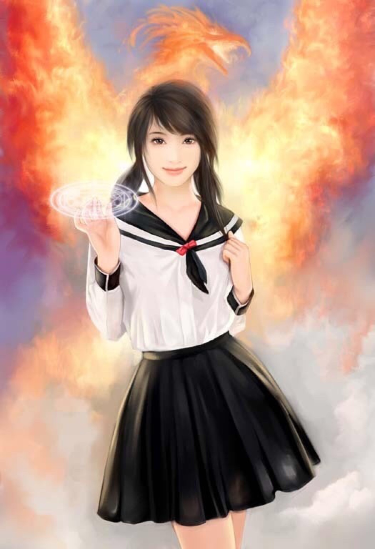 手绘学生装的青春女孩.