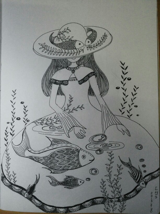 鱼,池塘,女孩,黑白装饰画,手绘