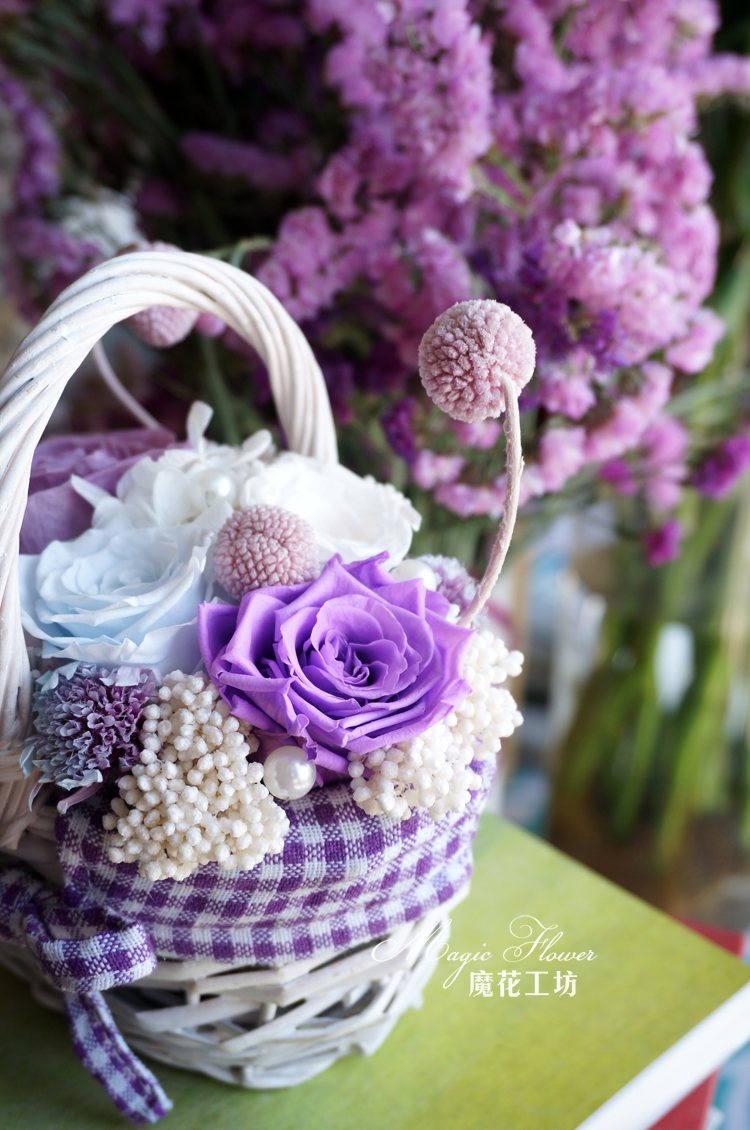 魔花工坊mini永生花篮之【想念】,唯美紫色系,以永生玫瑰,永生黄金球