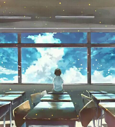 插画 二次元 天空 教室 蓝 怀旧 青春 毕业 一个人 孤独 文艺 桌椅