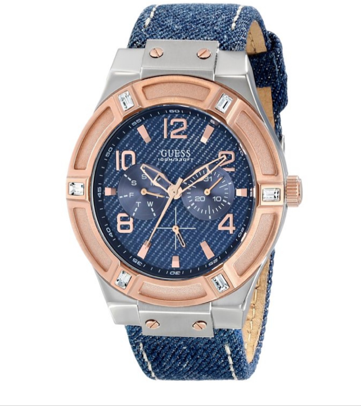 guess 男士牛仔玫瑰金休闲时尚石英腕表.