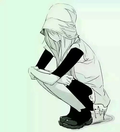 黑白 插画 妹子 直发 蹲下